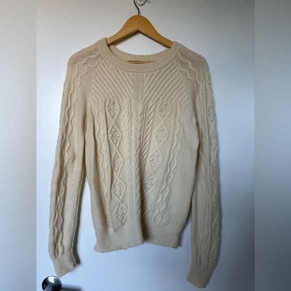 Saks Fifth Avenue Wool/Cashmere Ivory Cable Knit Sweater | Size Small - Picture 2 of 6